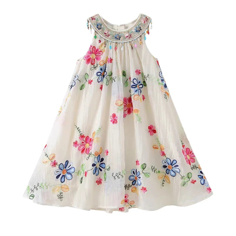 Girls Sequin Floral Collar Princess Dress Summer Fashion Flowers Print Girls Clothes Round Neck Solid Color Kids Costume
