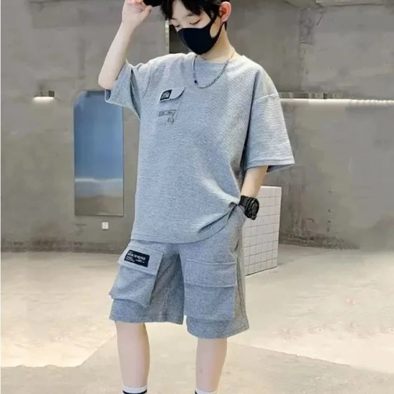 Summer Kids Boys T-Shirt+Shorts 2-Piece Set Letter Printing Children Teen Loose Comfortable Sports Casual Clothes 4-14 Years Old