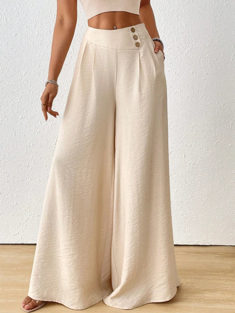Ladies Summer Fashion Side Button Solid Color Wide Leg Pants Loose Fit Lightweight Fabric Sun Protection Cool Choice
