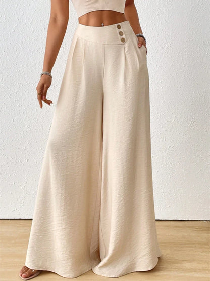 Ladies Summer Fashion Side Button Solid Color Wide Leg Pants Loose Fit Lightweight Fabric Sun Protection Cool Choice