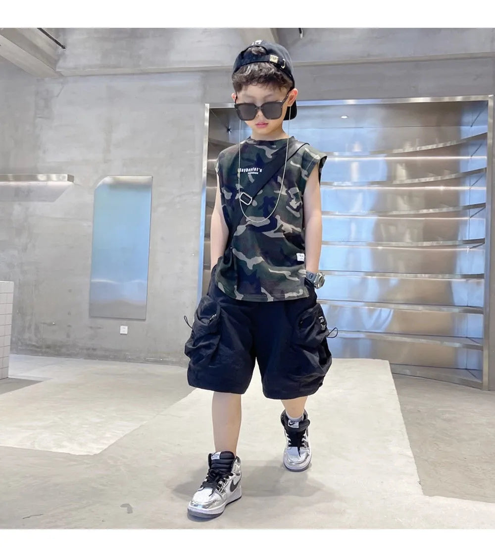 Boys Camouflage Vest Set Summer New Style Children's Sleeveless T-shirt Shorts Two Piece Set