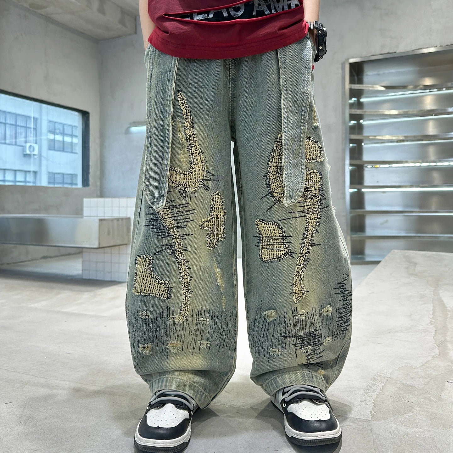 Korean Boy Luxury Hip Hop y2k Baggy Ripped Jeans Kids High Street Fashion Hiphop Rap Dance Denim Pants Child Performance Trouser
