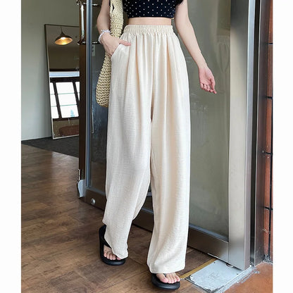 Summer Women Sweet Colorful Ice Silk Pants Lady Baggy Versatile Elastic Straight Leg Trousers Female Wide Leg High Waisted Pants