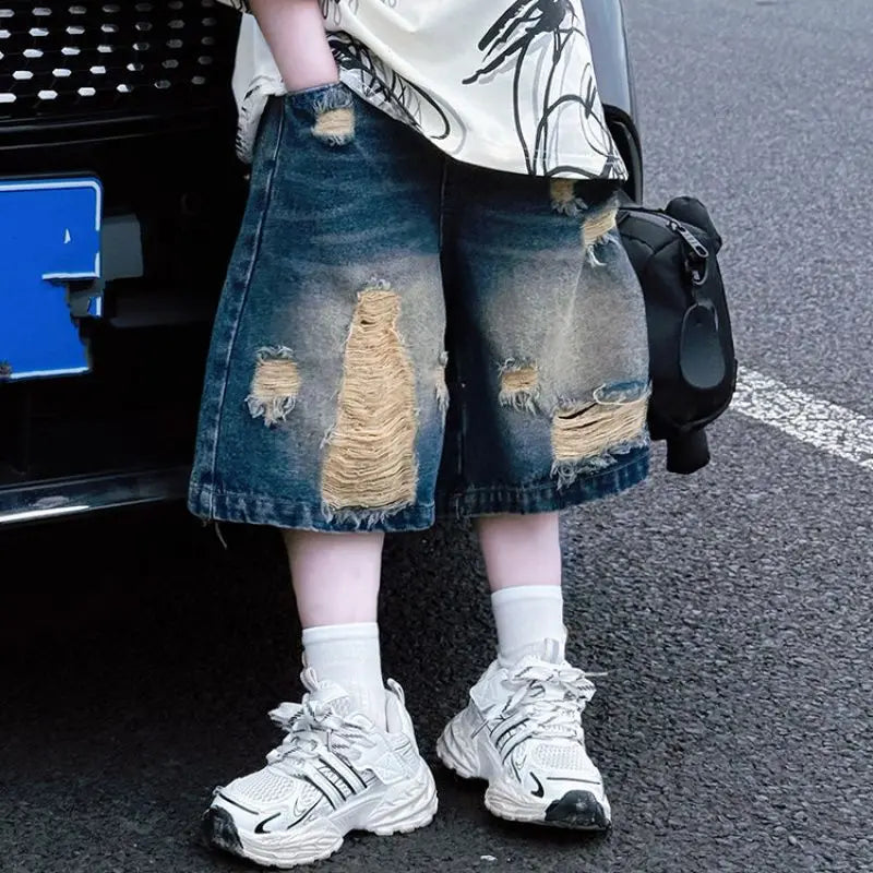 Summer children boys fashion casual T shirt hole jeans sets suits