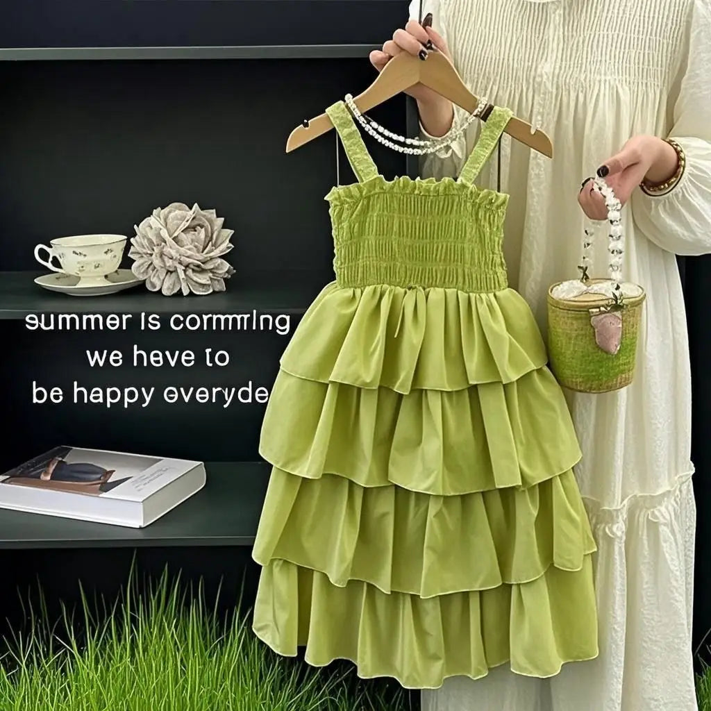 Kids Girls Summer Cake Dress  New Arrival Children Casual Multilayer Dresses Princess Sleeveless Sling Beach Rainbow Dress