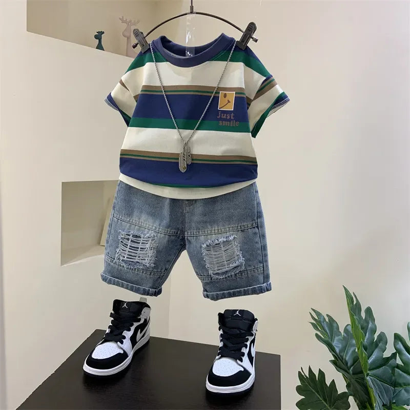 Children Clothing Korean Cotton Short Sleeve Print Shirt+Shorts Set for Toddler Boy Baby Summer Thin Casual Fashion Outfit