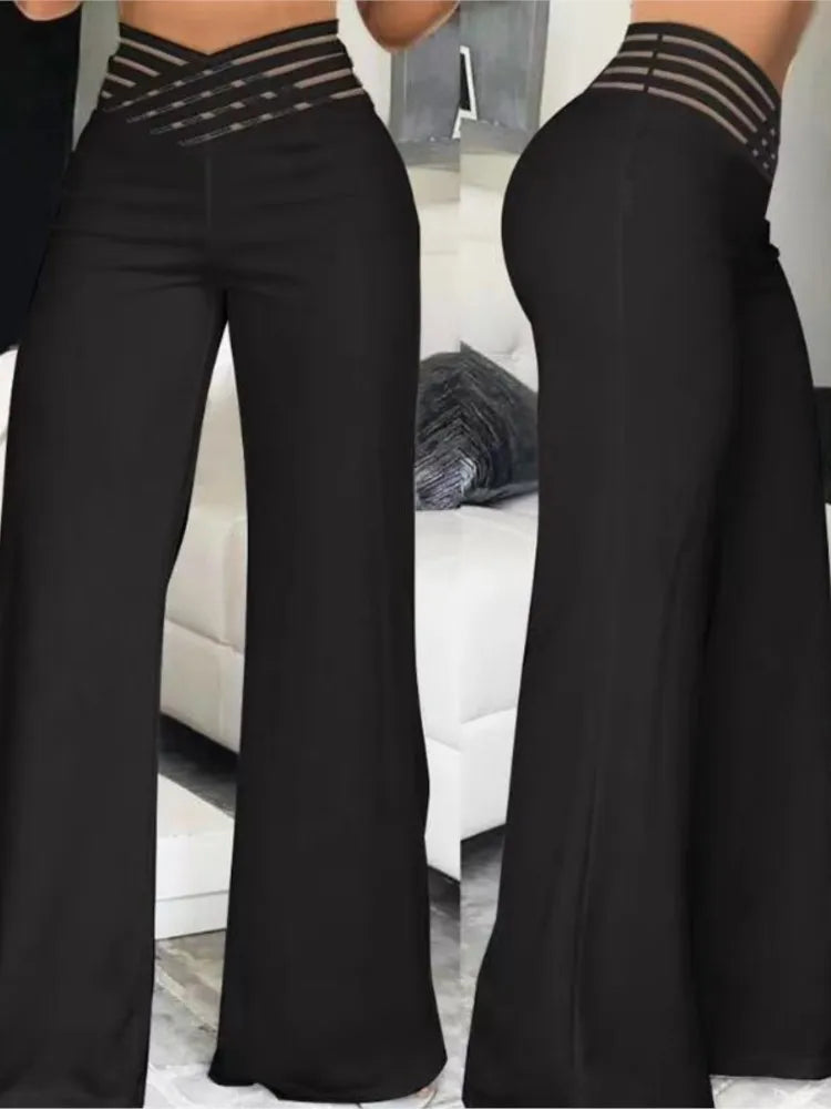 Women Wide Leg Flared Pants  Spring Casual Crisscross Sheer Mesh Patch High Waist Trousers Y2k Streetwear Elegant Work Pant
