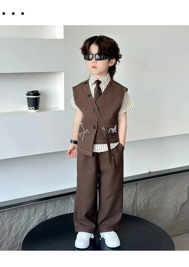 Spring Boy Retro Stripes TShirt+Pants Shorts+Vest Kid Children baby Gentleman Handsome Streetwear Party Clothes