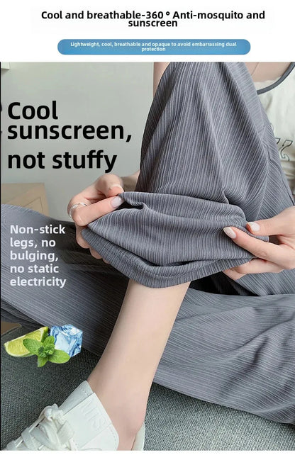 Ice Silk Wide Leg Pants Women's Summer Thin Narrow Version 145 Small Size Drape Straight High Waist Stripe Casual Trousers 150