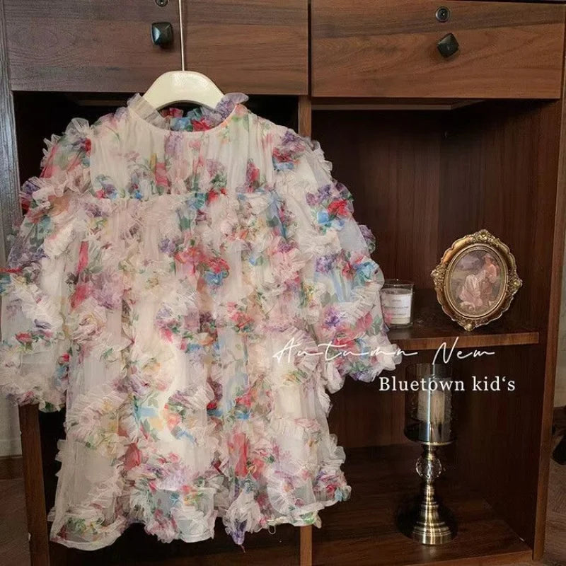New Baby Girls floral print Fall Mesh Long Sleeve Dress Princess Kids Sweet Party Dresses
