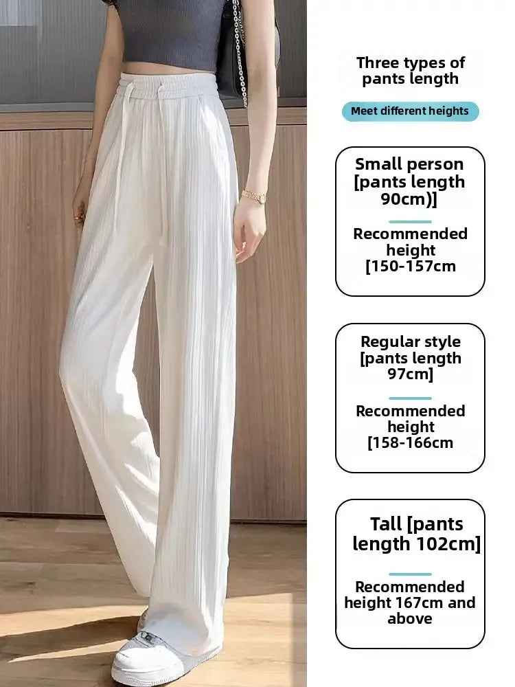 Ice Silk Wide Leg Pants Women's Summer Thin Narrow Version 145 Small Size Drape Straight High Waist Stripe Casual Trousers 150