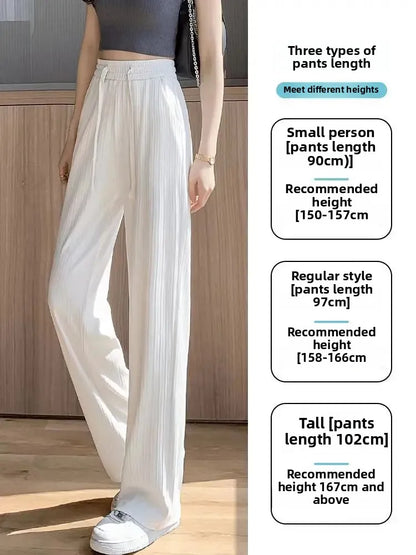 Ice Silk Wide Leg Pants Women's Summer Thin Narrow Version 145 Small Size Drape Straight High Waist Stripe Casual Trousers 150