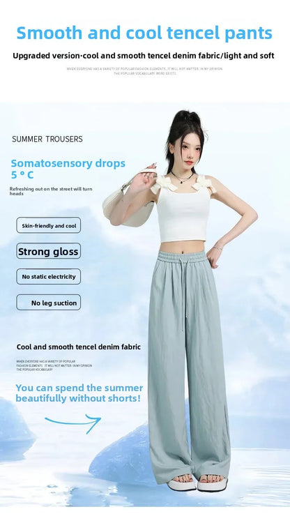 White Ice Silk Wide Leg Pants Women's Summer Thin High Waist Slimming Casual Versatile Elastic Waist Draped Straight Leg Trouser