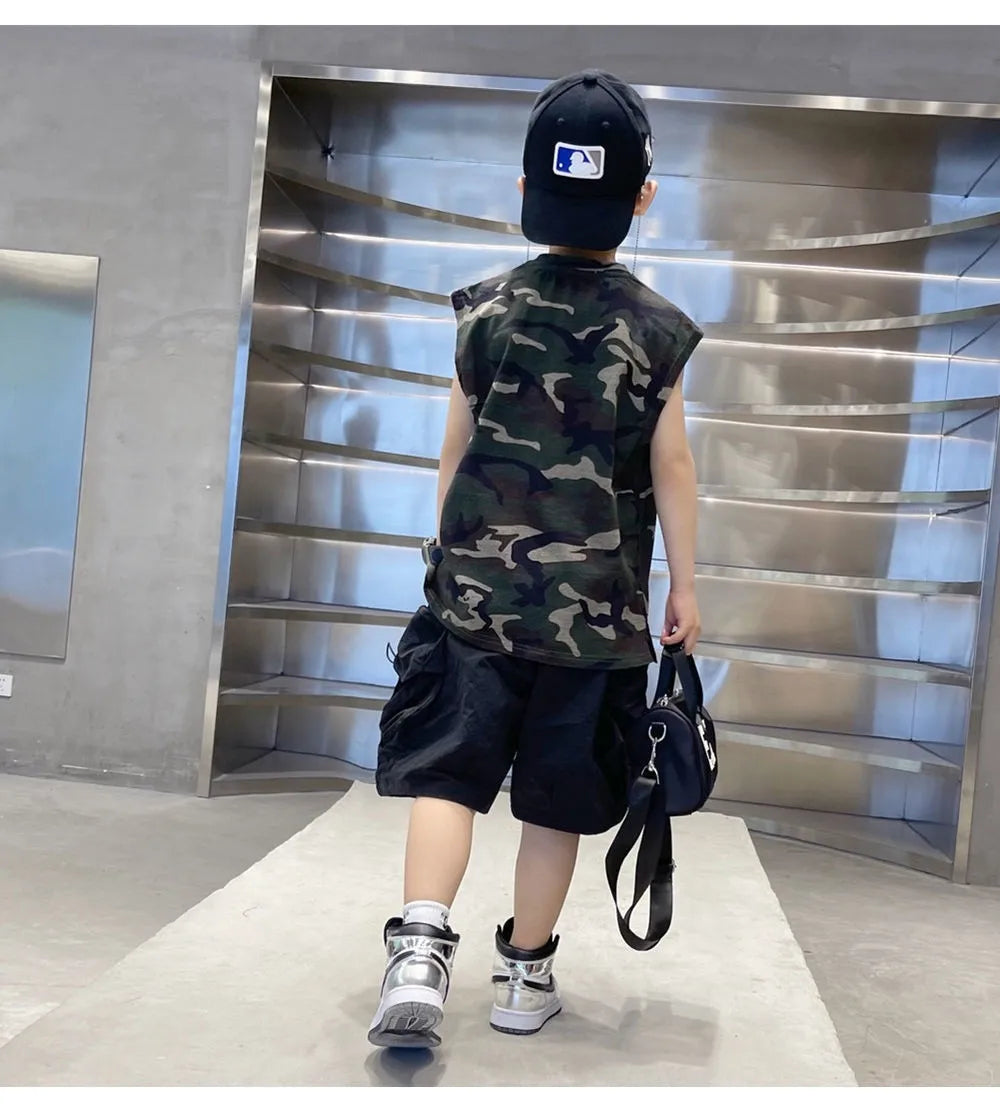 Boys Camouflage Vest Set Summer New Style Children's Sleeveless T-shirt Shorts Two Piece Set