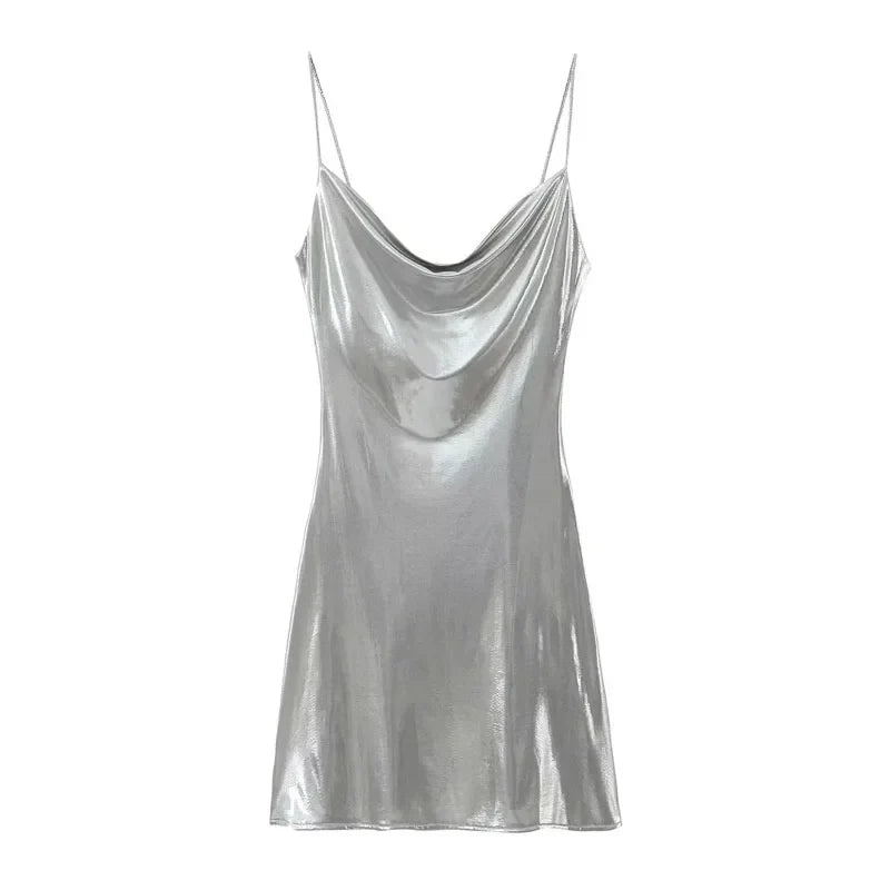 MUJER Slip Dress Women Glitter Backless Short Dresses for Women 2025 Sexy Gold Silver Dress Prom Gala Party Mini Dresses Woman