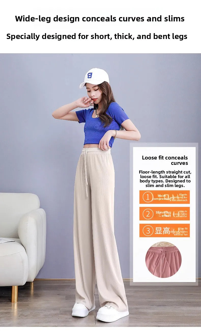 Ice Silk Wide Leg Pants Women's Summer  New High Waist Drape Loose Slimming Straight Bla Floor-Length Casual Trousers