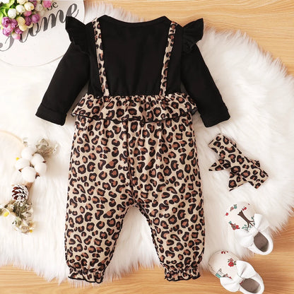 2PCS Newborn Baby Girl Flutter Sleeve Long Sleeve Leopard Bodysuit+Headband Spring Autumn Jumpsuit for Toddler Girl 0-18 Months