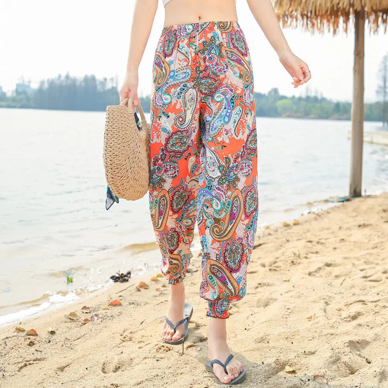 Women's Mosquito-proof Cotton Silk Beach Summer Casual Flower Pants Artificial Cotton Summer Sleeping Pants Thin Adult Bloomers