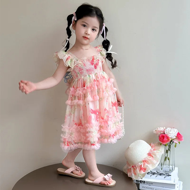 Girl Summer Mesh Dress Doll Baby  Kids Back Butterfly Flower Suspender Princess Dress Fashion Casual