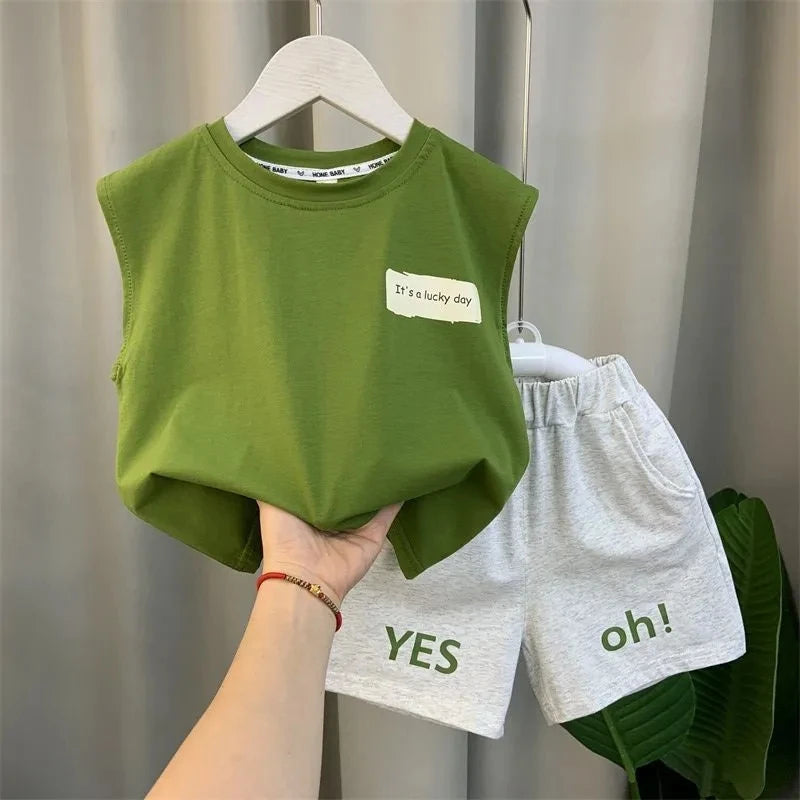 New Boys Baby Girl Summer Vest Set Summer Sleeveless Fashion Boys' and Children's Handsome Two Piece Set