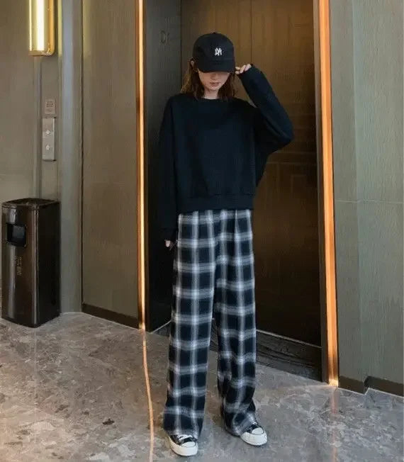 High Waist Plaid Wide Leg Pants Women Loose Straight Casual Slimming Spring Autumn New Style Chinese Brand AE Stock