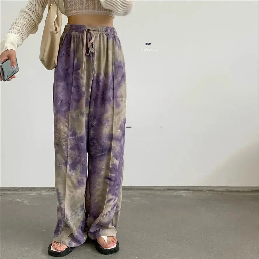 Thai Print Heart Wide Leg Pants Women Summer Thin Loose plus Size High Waist Slimming Long Trousers Casual Fashion plus Size