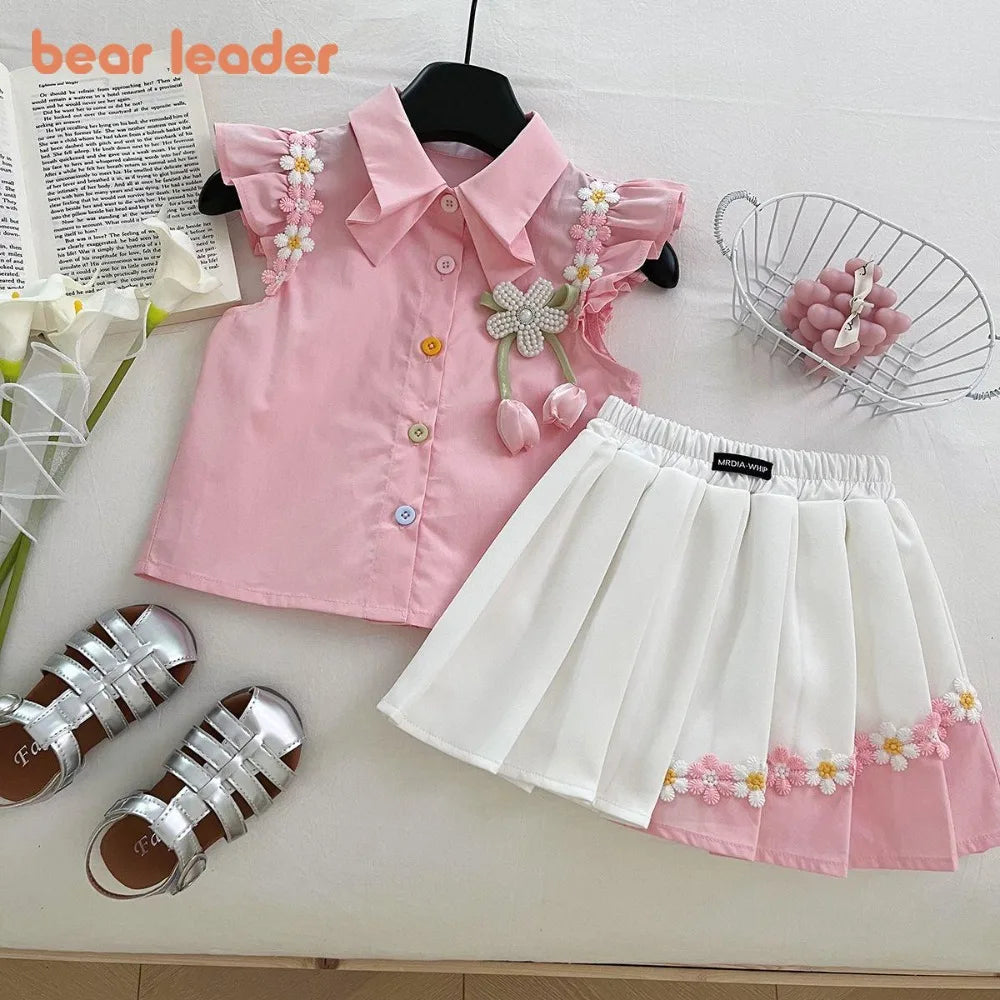 Bear Leader Summer Sweet and Cute Girl's Suit Pink 3D Decal Top+Decal Pleated Skirt 2Pcs Set Korean Fashion Children's Clothing