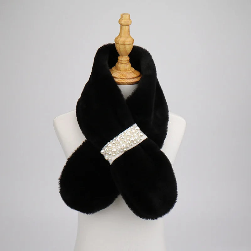 Autumn and winter high-end imitation rabbit fur women's outdoor thick warm cross pearl button plush scarf