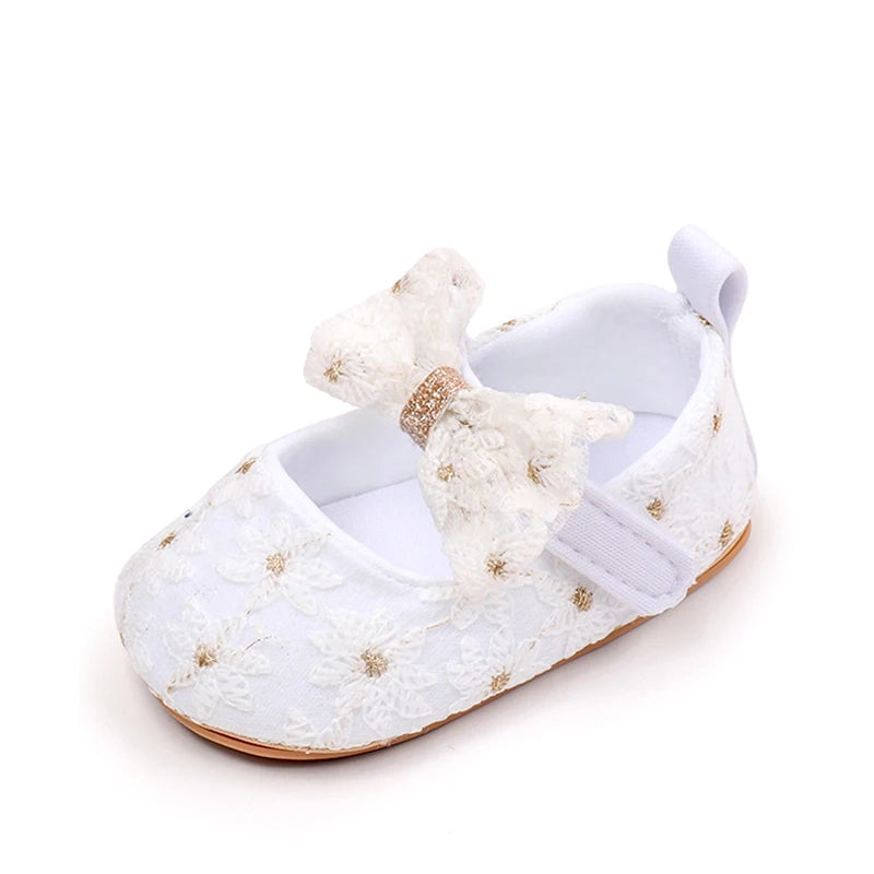 Newborn Baby Girls Mary Jane Flats Cute Bowknot Wedding Dress Shoes Non-Slip First Walkers Embroidery Flower Soft Shoes