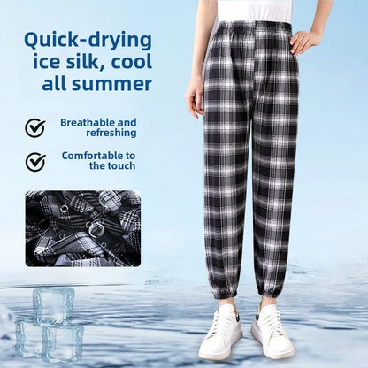 Summer Ladies Ice Silk Loose Casual Home Pants Elastic plus Size Mom Square Sports High Waist Straight Leg Length Nine Points