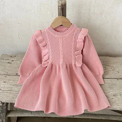 2024 New Autumn Kids Princess Dresses Long Sleeved Knitted Splicing Baby Girl Knitting Party Dress Children Knitting Clothes