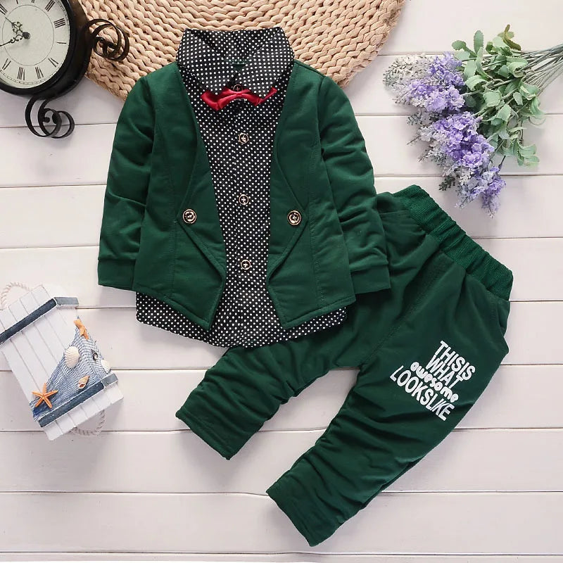 Spring and Autumn New Boys' Dot Colored Bow Knot Long Sleeve Pants Gentleman Two Piece Wedding Flower Children Polo Set for 1-5Y