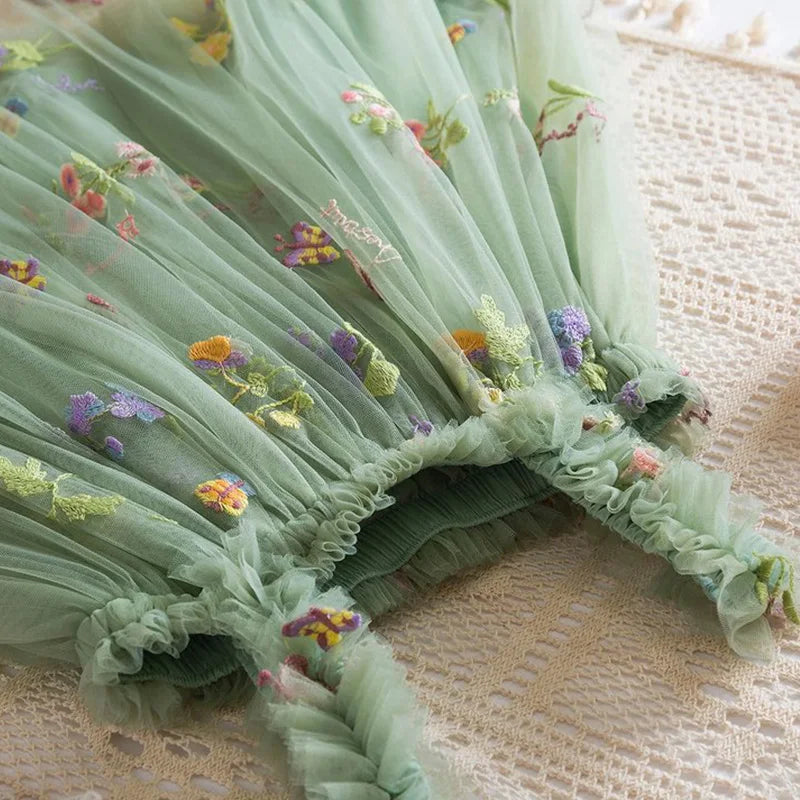 Summer New Sweet Girls' Little Sling Dress Children's Bow Floral Embroidery Mesh Tutu Princess Dress Baby Girl Dress