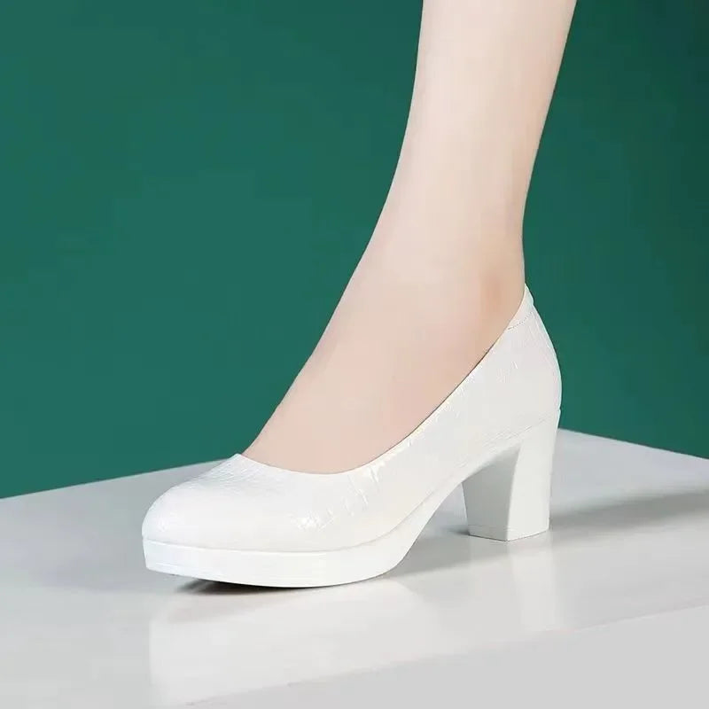 Sapatos Femininas Women Fashion Round Toe Black Plaid Pattern Slip on Chick High Heel Shoes Lady Casual White Work Pumps