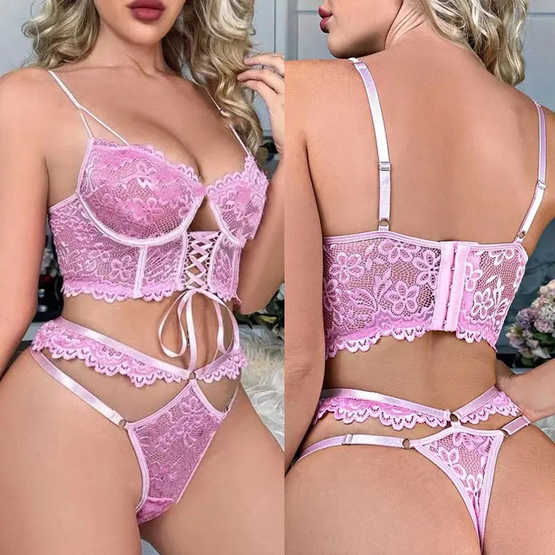 Bra Brief Sets Female Transparent Sexy Romantic Lingerie Black Lace Underwear Flowers Sensual See Through Erotic Sets
