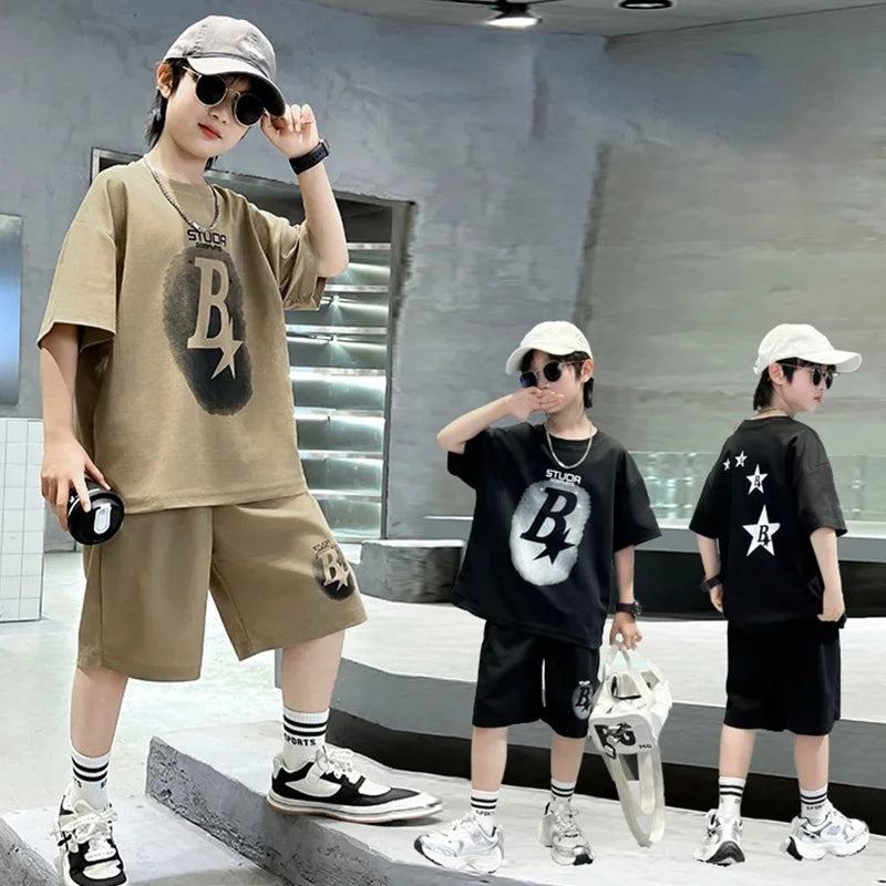 New Summer Teenager Boys Clothing Set Cotton Letter Short Sleeve T-shirt Shorts  Years Kids Tracksuits Child Cloth