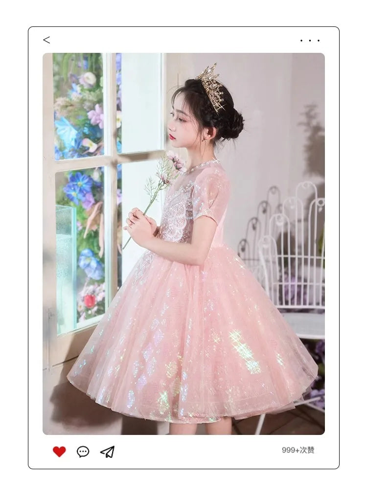 Party Dress Blue Girls Puffy Princess Dresses New Kids Gown Birthday Host Piano Recital Outfit Pageant Performance Formal Wear