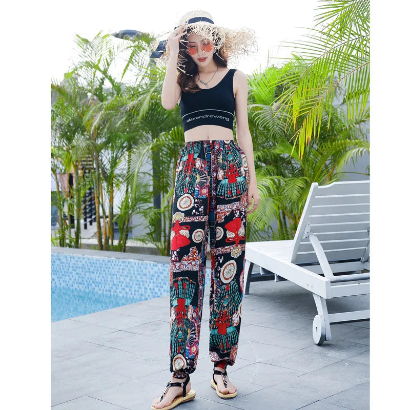 Women's Mosquito-proof Cotton Silk Beach Summer Casual Flower Pants Artificial Cotton Summer Sleeping Pants Thin Adult Bloomers