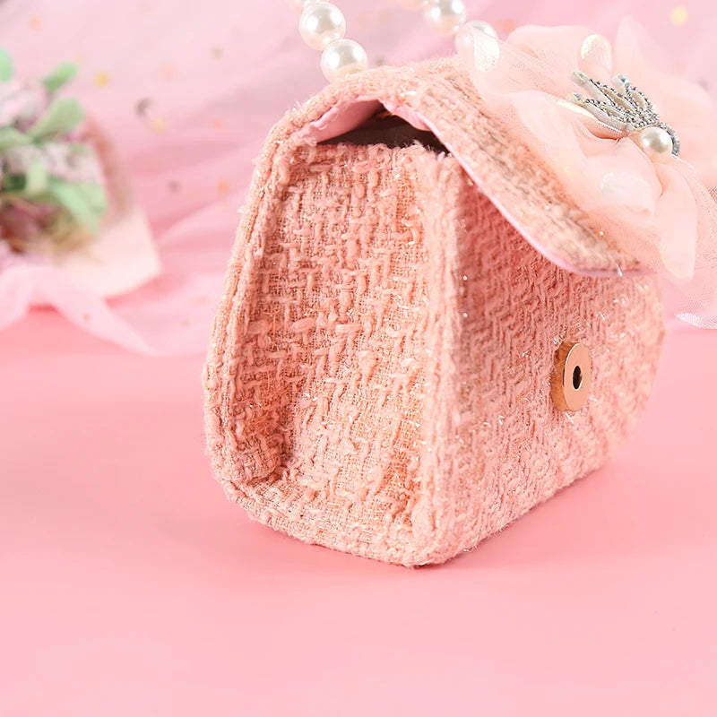Pink Princess Crown Colorful Bow Children's Bag Fashion Hand-held Pearl Diagonal Girl Cross Body Shoulder Messenger Bags Purse