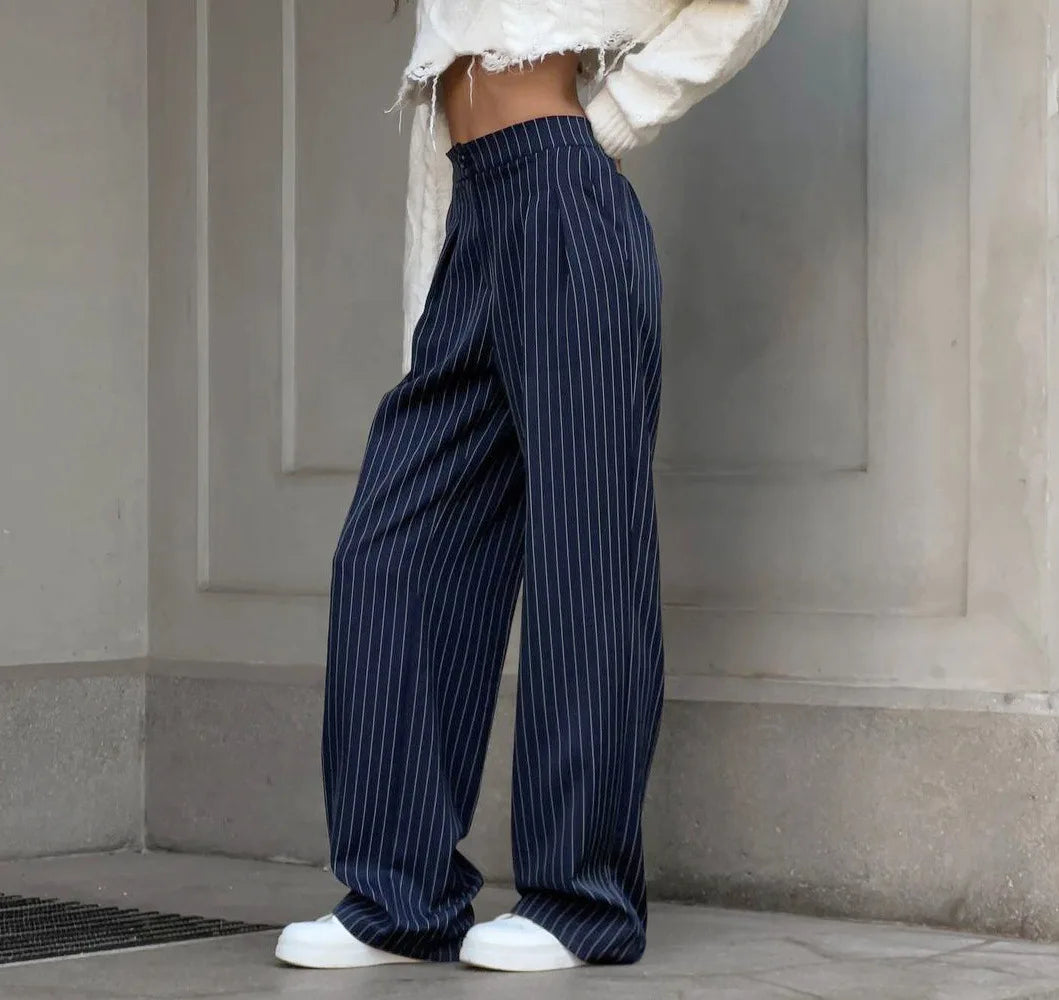 High Waisted Straight Leg Wide Leg Pants For Women's Clothing  Autumn/Winter New Navy Striped Fashionable Casual Pants