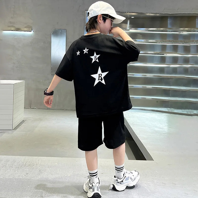 New Summer Teenager Boys Clothing Set Cotton Letter Short Sleeve T-shirt Shorts  Years Kids Tracksuits Child Cloth