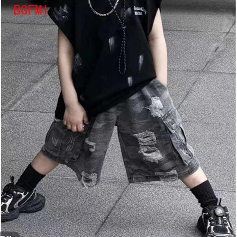 Summer Boys Loose Sleeveless Printed T-Shirt Tops + Hole Shorts  Set Child Outfit Handsome Kids Clothes Boys 2-10Y Vest Suit
