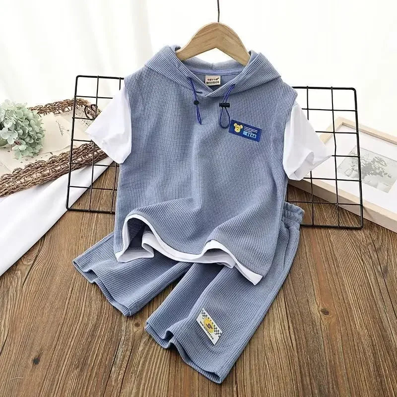 Summer Baby Boy Clothes Set Hoodies T-shirts and Shorts Suit Children Girls Waffle Patchwork Top Bottom 2pcs Outfits Tracksuit
