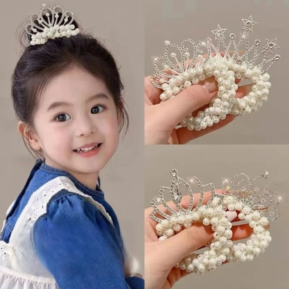 Fashion Pearl Crown Princess Cute Kids Hair Bands Elastic Rubber Bands