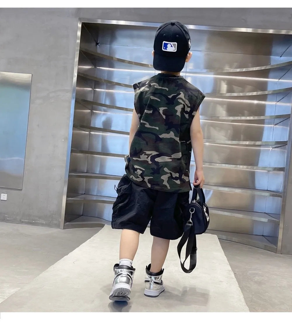 Boys Camouflage Vest Set Summer New Style Children's Sleeveless T-shirt Shorts Two Piece Set
