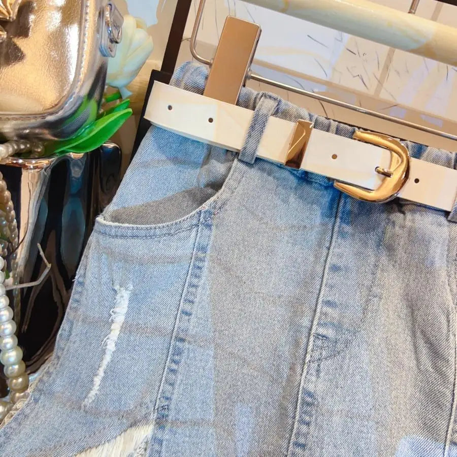 Girls' Summer Clothing Korean Version Denim Skirt New Style Children's Stylish Half Skirt Fashionable Three Piece Set