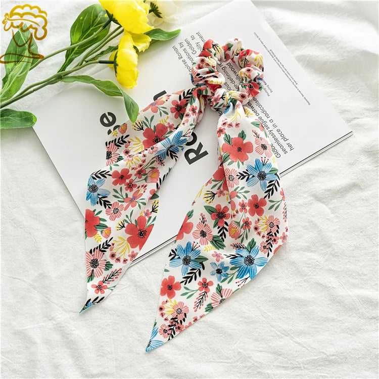 Women's Hair Accessories Girl Lady Elastic Headband Scrunchies With Ribbon Floral Design Trend Bandana Band Headbands Fashion