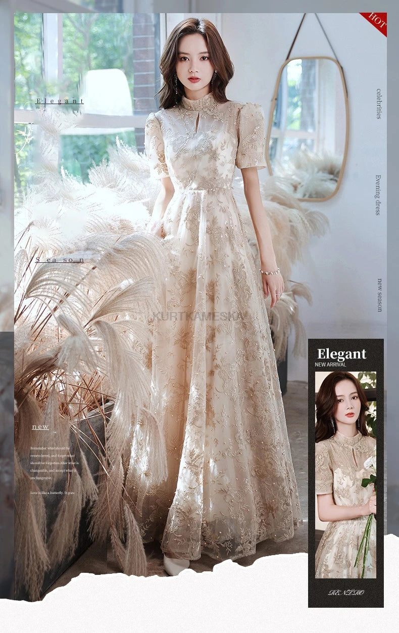 Elegant High Collar Evening Prom Bridesmaid Banquet Party Ball Dress Gown Short Sleeve Flower Embroidery Appliques Formal Dress
