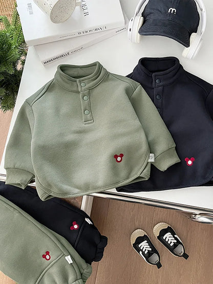 2024 Winter New Baby Boys Fleece Sweatshirt + Sweat Pants 2pcs Suit Infant Plus Velvet Thick Clothes Set Toddler Warm Outfits