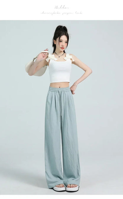White Ice Silk Wide Leg Pants Women's Summer Thin High Waist Slimming Casual Versatile Elastic Waist Draped Straight Leg Trouser